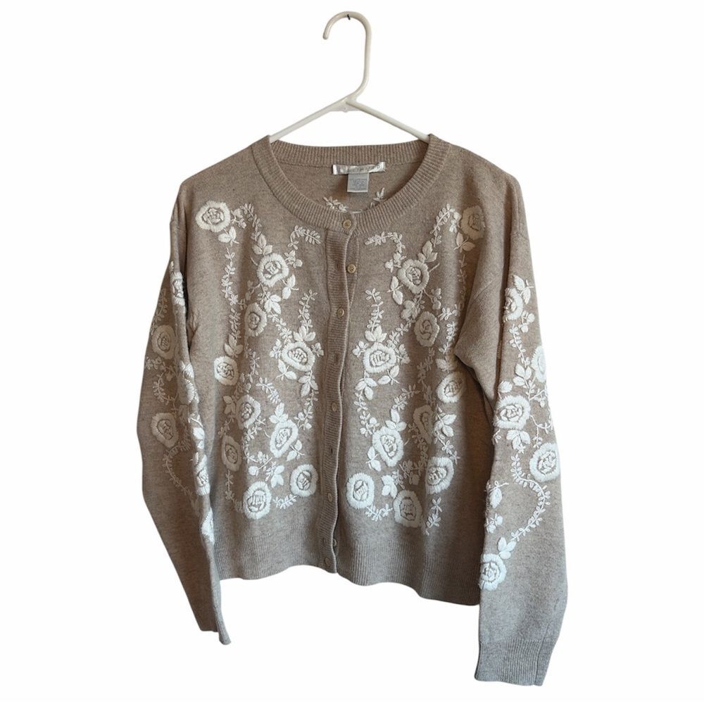 The Limited Tan White Lambswool Floral Embroidered Cardigan Sweater Size S